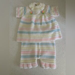 Vintage Confetti Knits Baby Girl 12M Pastel Striped Baby Outfit Pink Blue Yellow